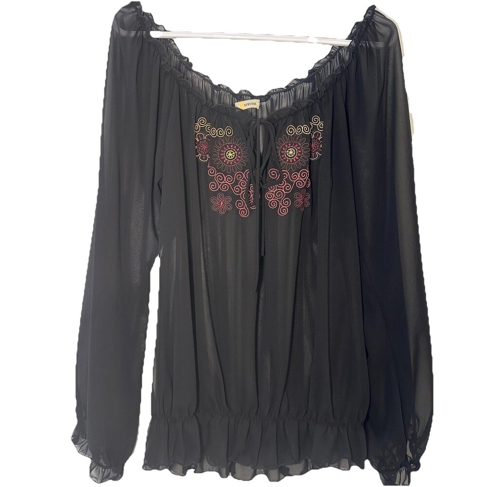 Gemstone Black Boho Embroidered Peasant Top Sheer Off Shoulder Medium